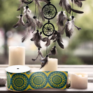 Geometrisches Blau und Gelbe Sonne Vintages Stamme Satinband