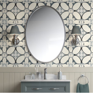 Geometrisches Blumenmuster - Grau, Creme - Moderne Tapete