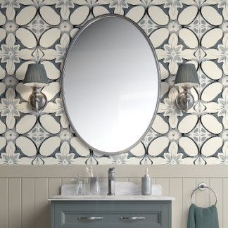 Geometrisches Blumenmuster - Grau, Creme - Moderne Tapete