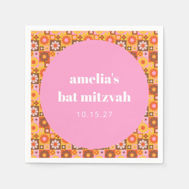 Geometrisches Blumenrosa Orange Bat Mitzvah Custom Serviette (Vorderseite)