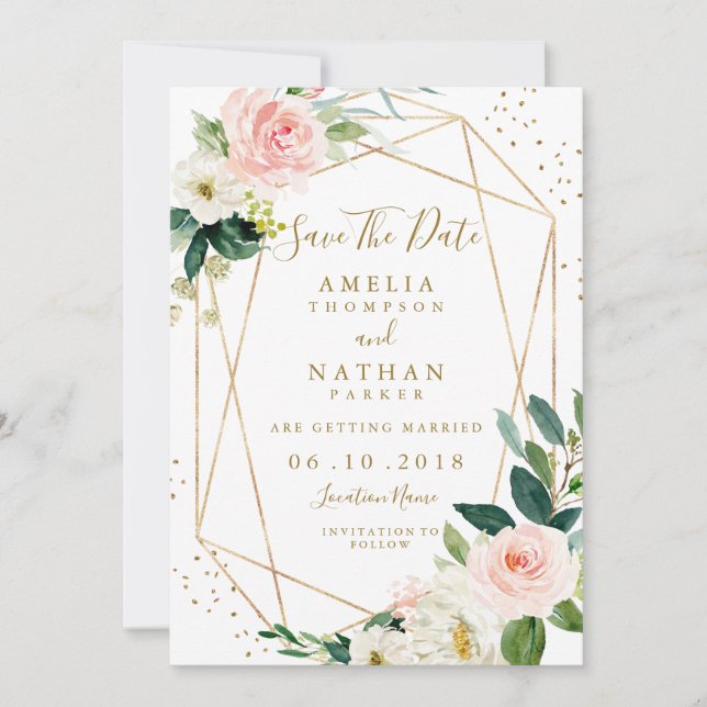 Geometrisches Blush-Gold-Floral Save the Date einl (Vorderseite)