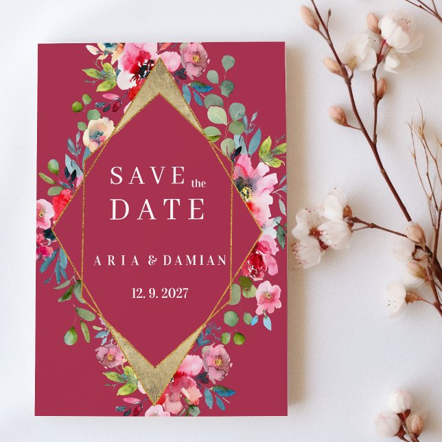 Geometrisches Bordeaux-Minze-Gold Save the Date Einladung (Geometric burgundy mint gold floral Save the Date)