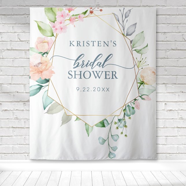 Geometrisches Brautparty für die Blumenpastel Wandteppich (Geometric gold frame with pastel floral botanical bridal shower background tapestry.)