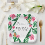 Geometrisches Brautparty für tropisches Palmwasser Pappteller<br><div class="desc">Tropical Palms Watercolor Bridal Dusche Einladung. Das Design besticht durch ein elegantes Bouquet mit klassischen Strandfarben und Blume,  darunter rosafarbener Hibiskus,  orangefarbene und blaue Paradiesvögel,  grüne Vegetation und dunkelgrünes Palmenblatt.</div>
