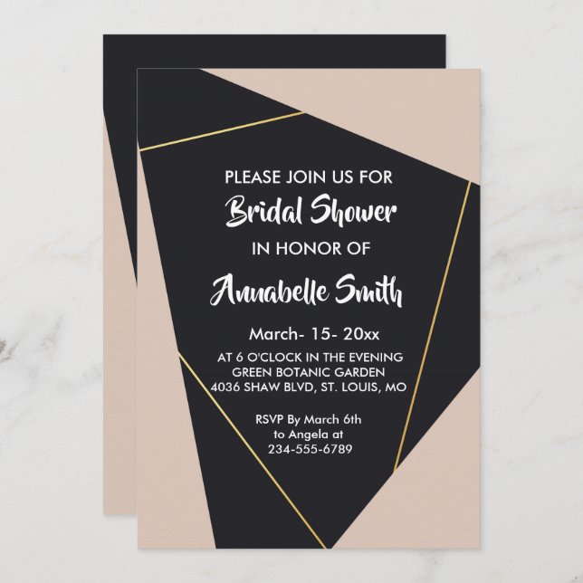 geometrisches Brautparty in rosa Schwarz und Gold Einladung (Vorne/Hinten)