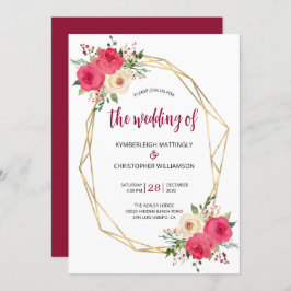 Geometrisches Burgundy Gold Watercolor Floral Wedd Einladung