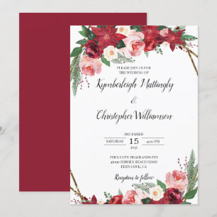 Geometrisches Burgundy Gold Watercolor Floral Wedd Einladung