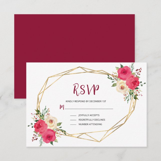 Geometrisches Burgundy Gold Watercolor Floral Wedd RSVP Karte (Vorne/Hinten)