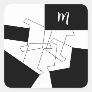 Geometrisches Chic Schwarz-Weiß-Muster Monogrammie Quadratischer Aufkleber