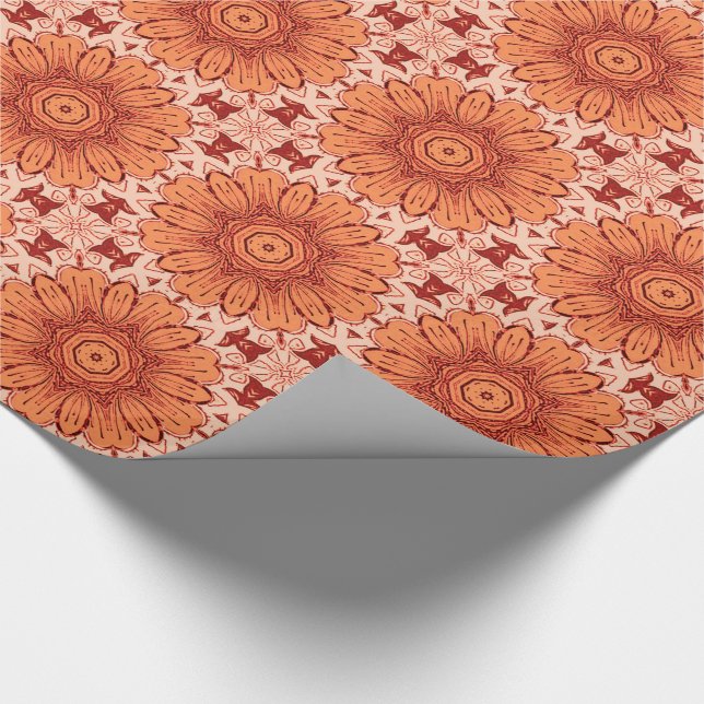 Geometrisches Daisy Muster in Mandarin Orange Geschenkpapier (Ecke)