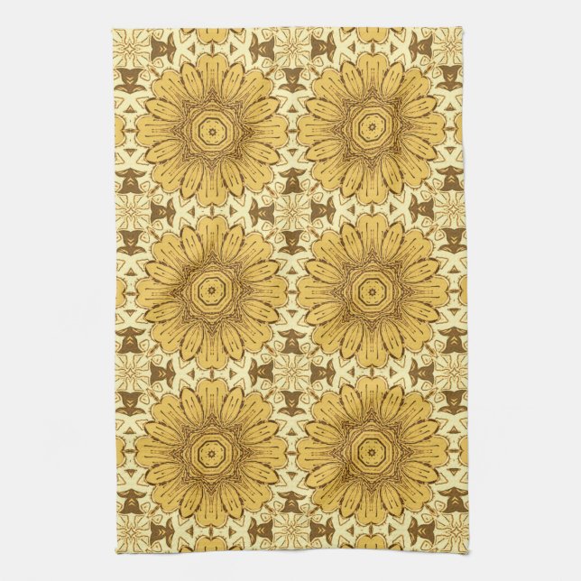 Geometrisches Daisy Muster in Mustard Gold Kitchen Geschirrtuch (Vertikal)
