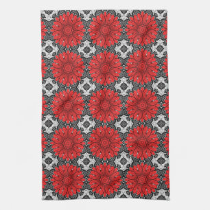 Geometrisches Daisy-Muster in Rot und Weiß Geschirrtuch