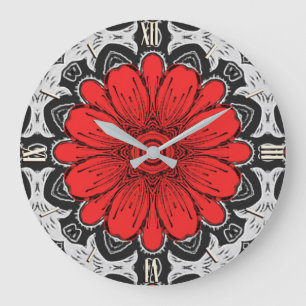 Geometrisches Daisy-Muster in Rot und Weiß Große Wanduhr