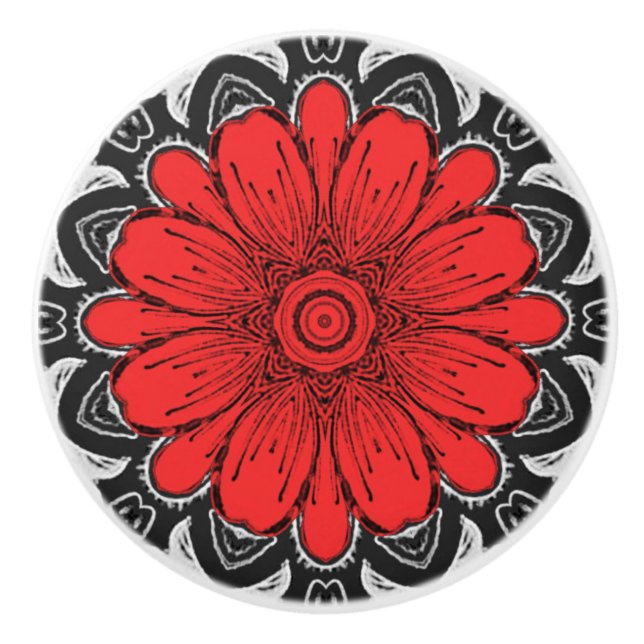 Geometrisches Daisy-Muster in Rot und Weiß Keramikknauf (Vorderseite)