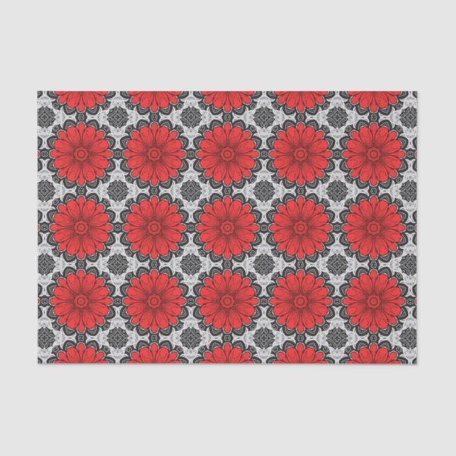 Geometrisches Daisy-Muster in Rot und Weiß Seidenpapier (Vorderseite)