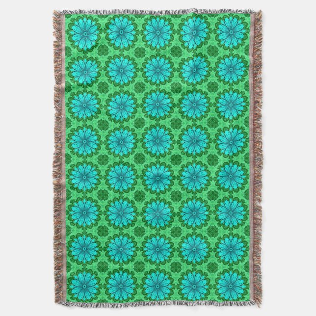 Geometrisches Daisy Muster in Türkis und Grün Decke (Vorderseite Vertikal)