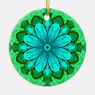 Geometrisches Daisy Muster in Türkis und Grün Keramik Ornament