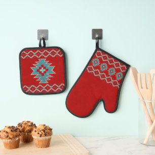 Geometrisches Design der Südwestmesas Rot und Türk Ofenhandschuh & Topflappen-Set