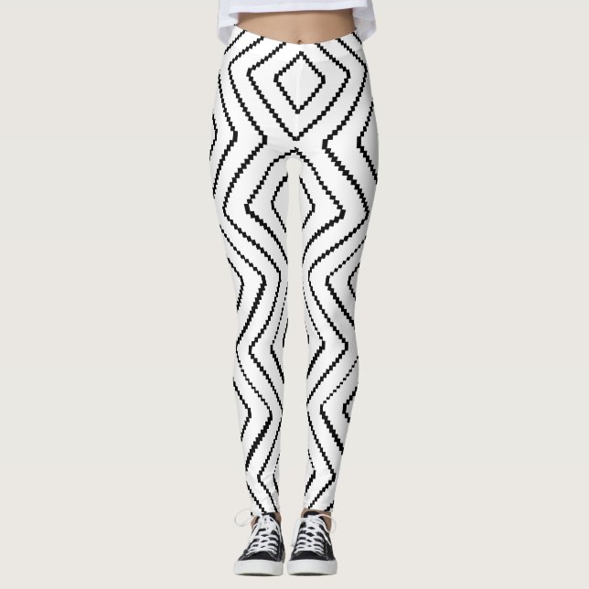 Geometrisches Diamantmuster Schwarz-Weiß-Design Leggings (Vorderseite)