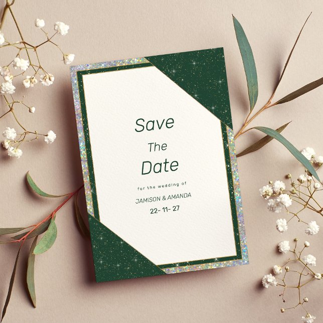 Geometrisches dunkelgrünes goldenes Funkeln Save t Einladung (Geometric dark green gold sparkle Save The Date)