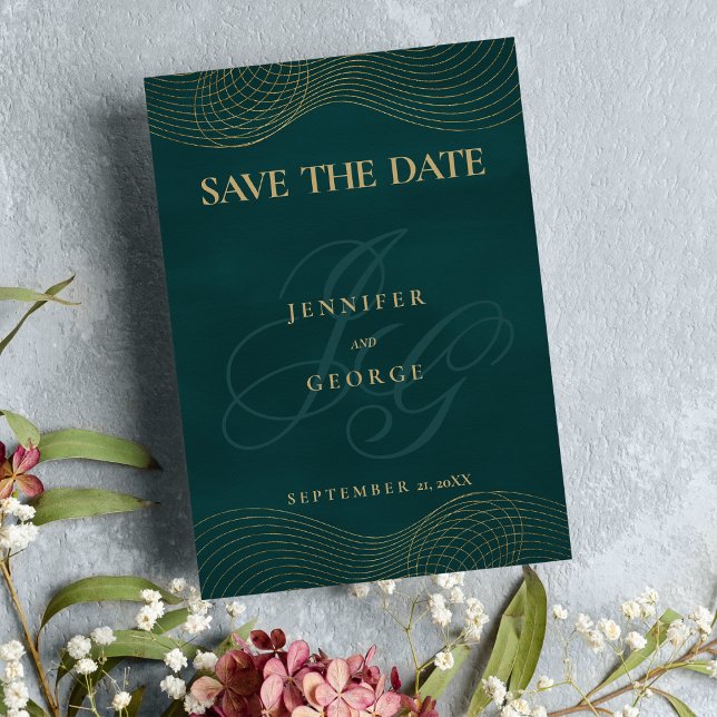 Geometrisches dunkelgrünes Goldmonogramm Save the  Save The Date (Geometric dark green gold monogram Save The Date)