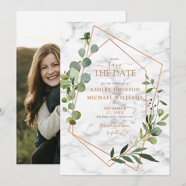 Geometrisches Eukalyptus-Foto für Kupfer Save the  Save The Date (Vorne/Hinten)