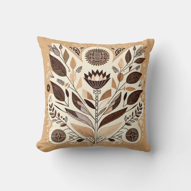 Geometrisches Folk Art Throw Kissen | Beige & Brow (Vorderseite)