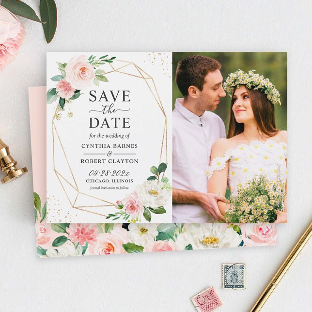 Geometrisches Foto für das elegante Blush Floral G Save The Date (Von Creator hochgeladen)