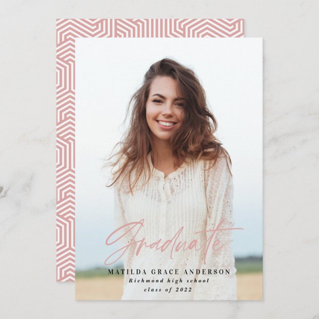 Geometrisches Foto griechisch rosa Graduierungspar Ankündigung (Vorne/Hinten)