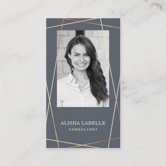 Geometrisches Foto-Layout und Monogramm in Grau un Visitenkarte (Vorderseite)