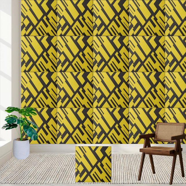 Geometrisches Gelb- und Abstraktes Schwarz-Muster Fliese (Geometric Yellow and Black Abstract Pattern Ceramic Tile)
