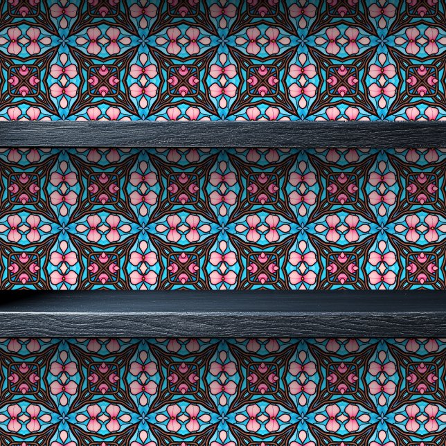 Geometrisches, gepolstertes Glas Tapete (Stained Glass Geometric Floral Small Print Wallpaper on a shelf)