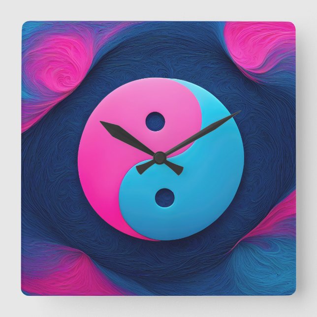 Geometrisches Gleichgewicht: Vibrant Yin Yang Patt Quadratische Wanduhr (Vorderseite)