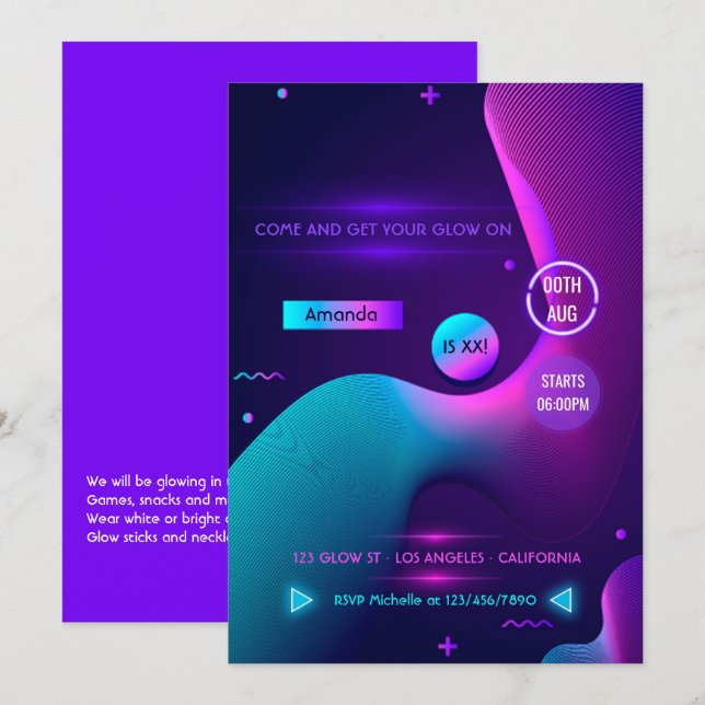 Geometrisches Glühen in der dunklen Neon-Geburtsta Einladung (Vorne/Hinten)