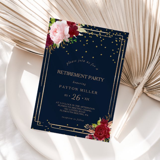 Geometrisches Gold Glitzer Red Retirement Party Einladung (Von Creator hochgeladen)