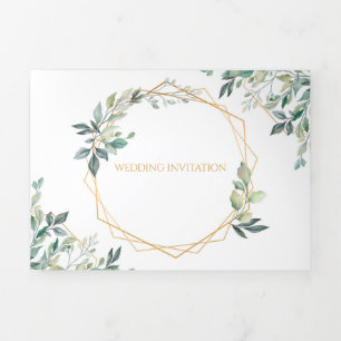 Geometrisches Gold Leaf-Dreifach-Hochzeitseinladun Dreifach Gefaltete Einladung