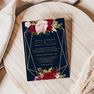 Geometrisches Gold und tropische Rot-Hochzeit Einladung