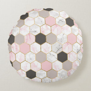 Geometrisches Goldfolien-, Marmor-Sechseckmuster. Rundes Kissen