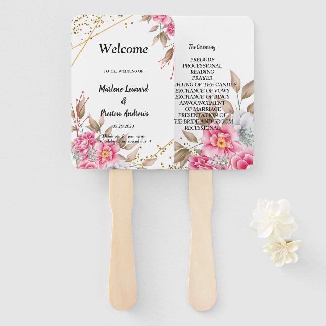 Geometrisches Goldrahmen-Rosa-Floral-Hochzeitsprog Fächer (Vorne und Hinten)
