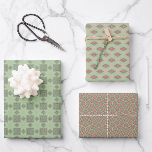 Geometrisches Grün auf grünem Set Geschenkpapier Set (Vorderseite)