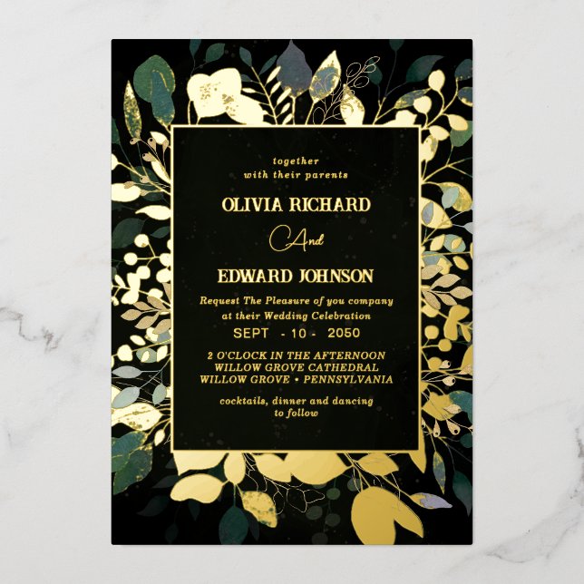 Geometrisches grün und goldblättriges Gold Folieneinladung (Vorderseite)