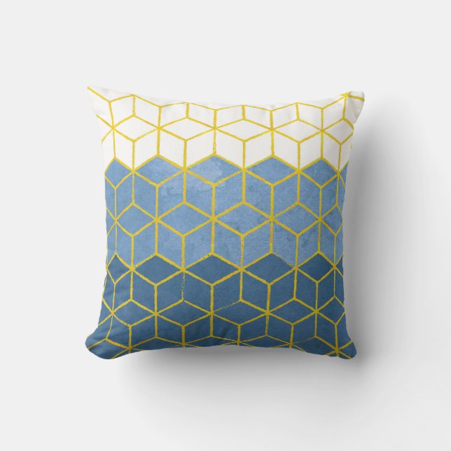 Geometrisches Hexagon-Blau und Gold Kissen (Vorderseite)