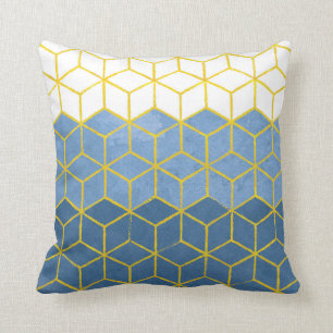 Geometrisches Hexagon-Blau und Gold Kissen