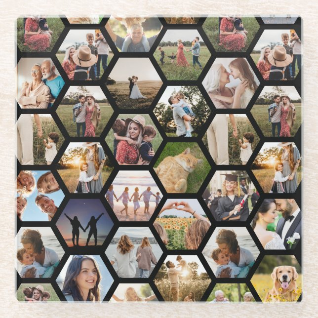 Geometrisches Hexagon-Muster-FotoCollage Glasuntersetzer (Vorderseite)