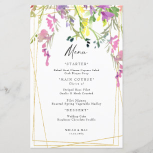 Geometrisches Hochzeitsmenü der farbenfrohen Wildb