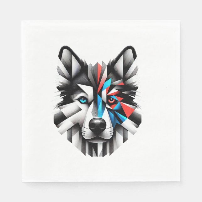 Geometrisches Husky-Gesicht Modernes Art Design Serviette (Vorderseite)