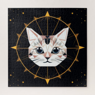 Geometrisches Katzendesign umgeben von Goldstars Puzzle