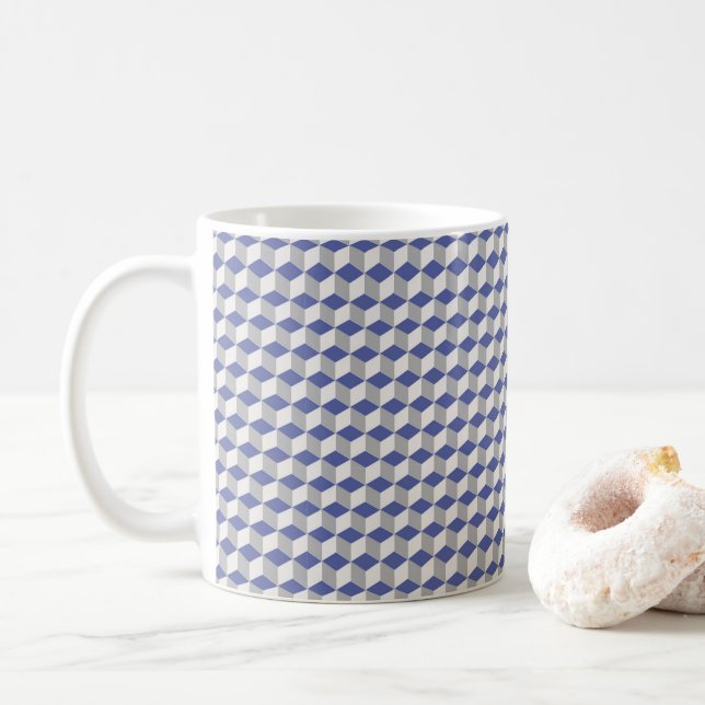Geometrisches Kubikmuster in Lila, grau und weiß Kaffeetasse (Mit Donut)