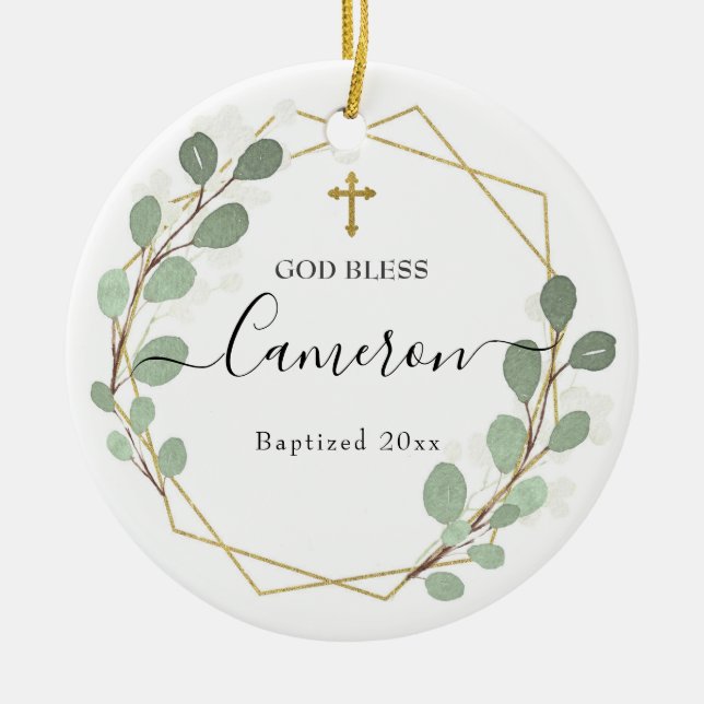 Geometrisches Leaf Greenery Baptized Keramik Ornament (Vorne)