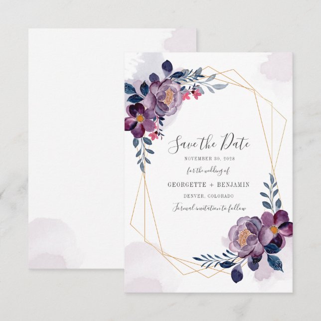 Geometrisches lila Blumenzellenbild Save the Date (Vorne/Hinten)